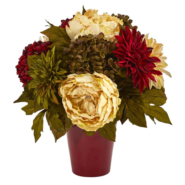 14” Peony, Hydrangea and Dahlia Artificial Arrangement in Burgundy Vase