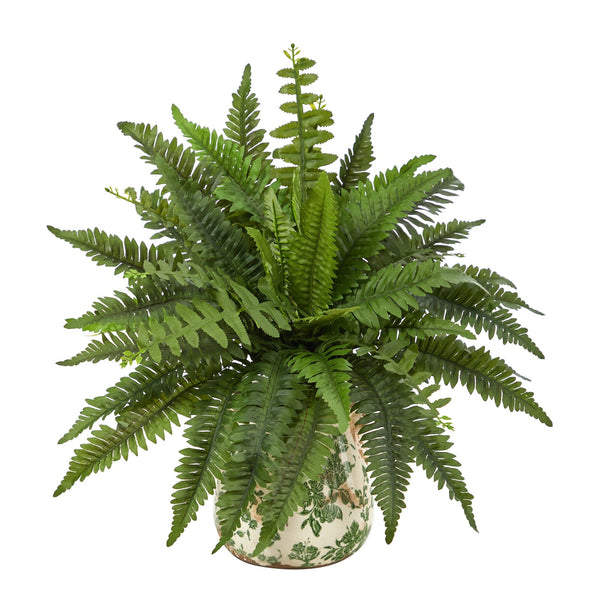 15” Boston Fern Artificial Plant with Tuscan Ceramic Green Scroll Planter