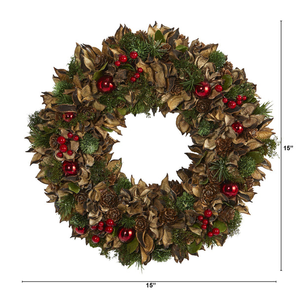 15” Holiday Artificial Wreath with Pine Cones and Ornaments