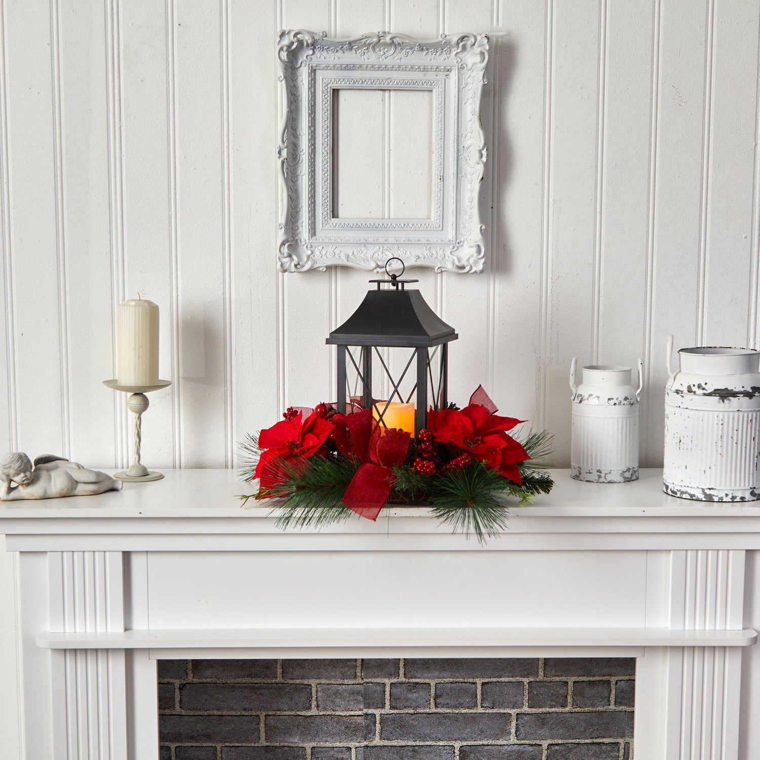 15” Holiday Poinsettia, Pinecone and Greenery with Lantern and LED Candle Table Arrangement