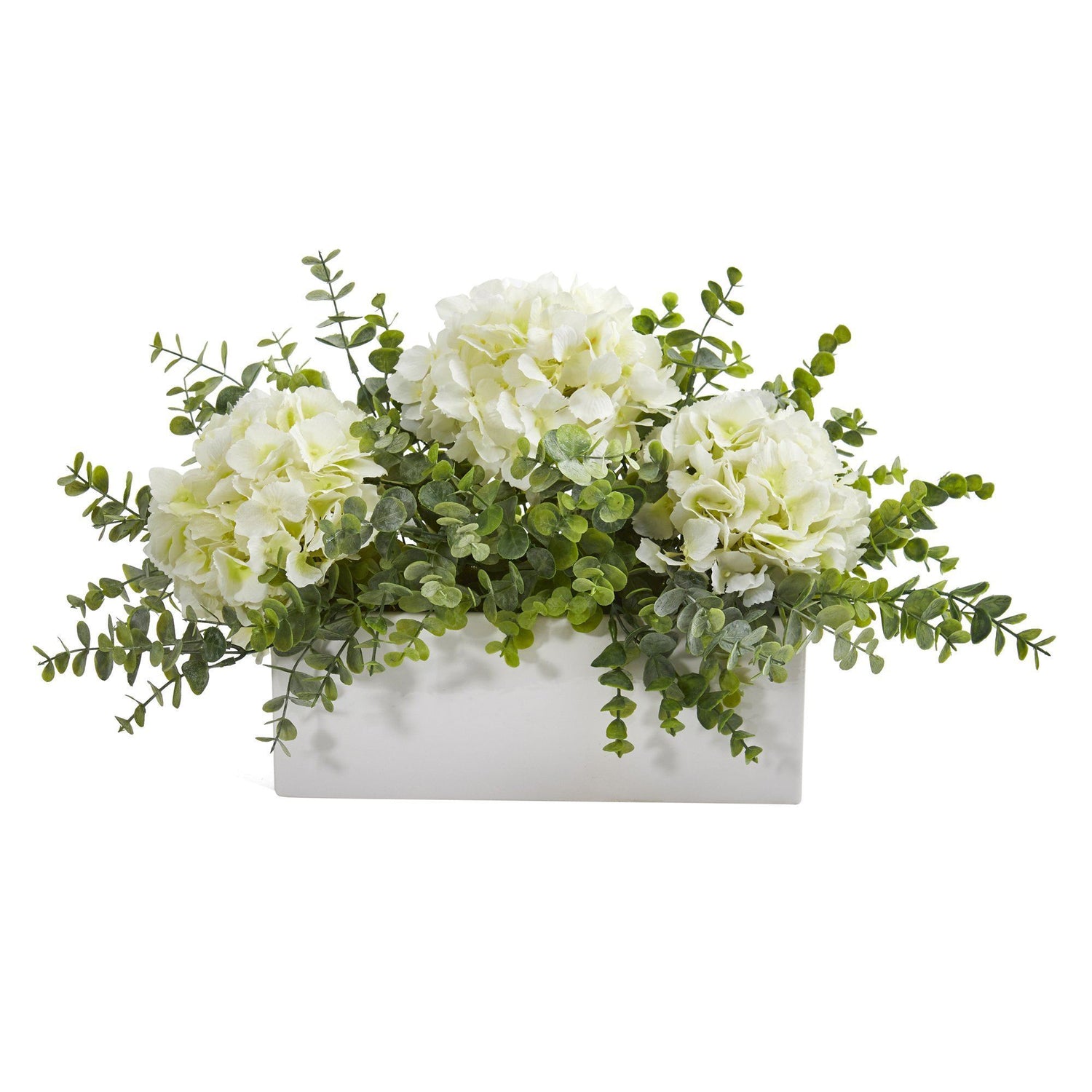 15” Hydrangea and Eucalyptus Artificial Arrangement in White Vase