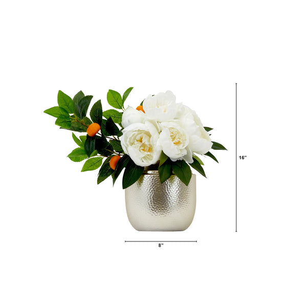 16” Artificial Peony Dahlia Arrangement white Vase