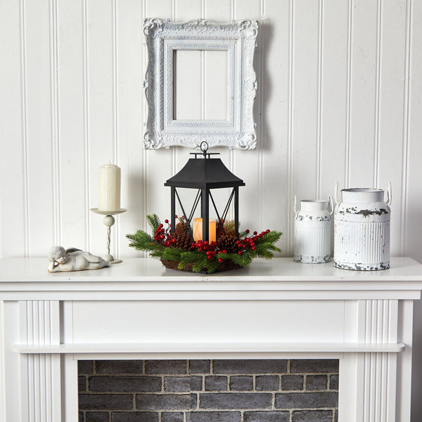 16" Holiday Berries, Pinecones and Greenery with Lantern and Included LED Candle Table Arrangement"