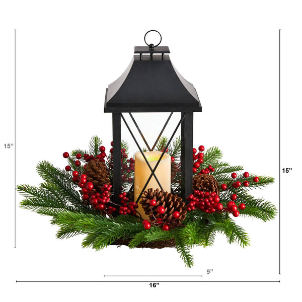 16" Holiday Berries, Pinecones and Greenery with Lantern and Included LED Candle Table Arrangement"