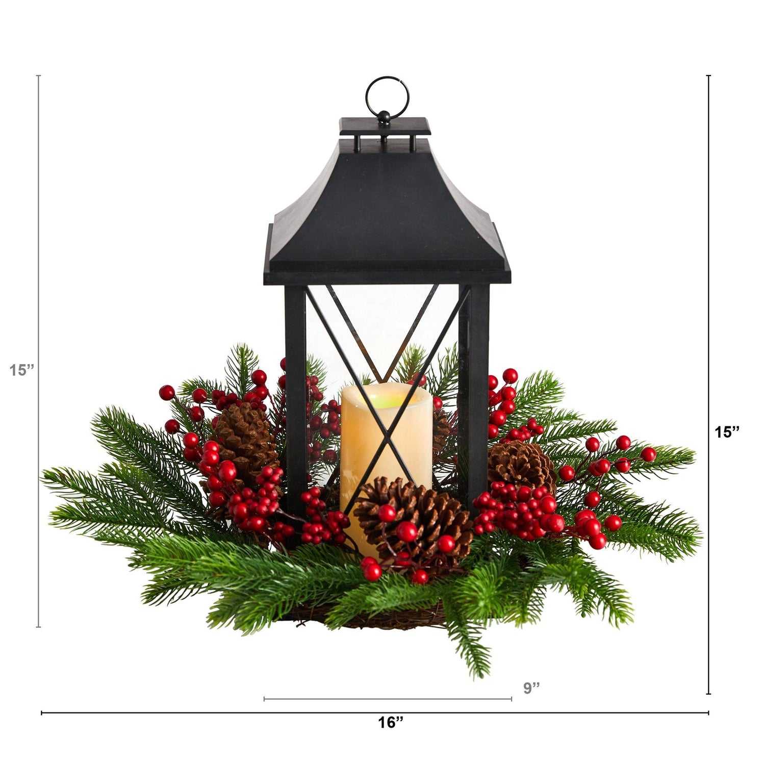 16" Holiday Berries, Pinecones and Greenery with Lantern and Included LED Candle Table Arrangement"