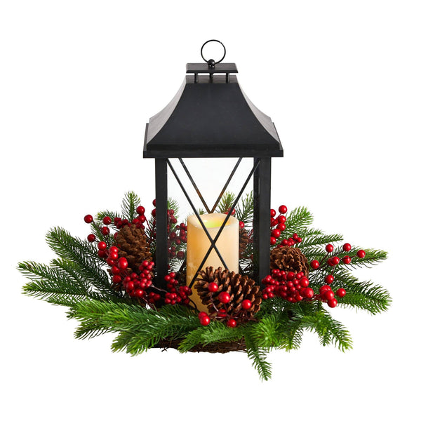 16" Holiday Berries, Pinecones and Greenery with Lantern and Included LED Candle Table Arrangement"