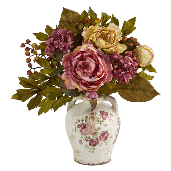 16” Peony Artificial Arrangement in Flower Print Jar