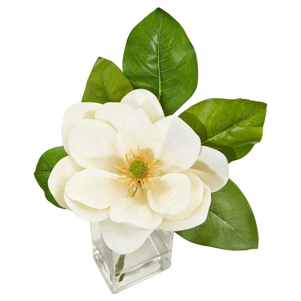 17" Artificial Large Magnolia Arrangement in Glass Vase"