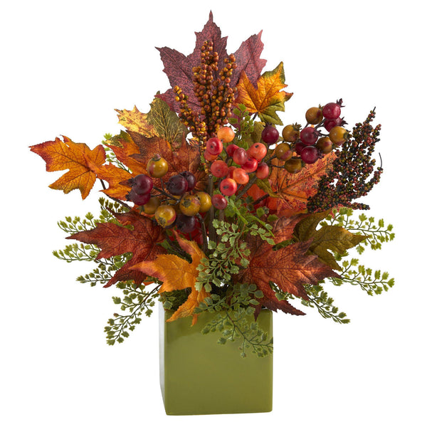 17” Maple Leaf, Berries and Maiden Hair Artificial Arrangement in Green Vase