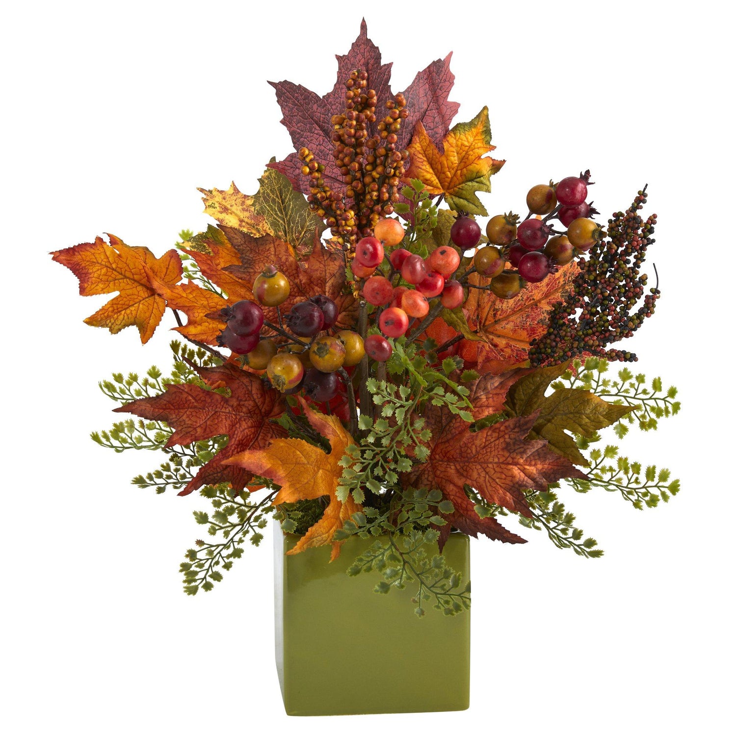 17” Maple Leaf, Berries and Maiden Hair Artificial Arrangement in Green Vase