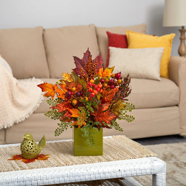 17” Maple Leaf, Berries and Maiden Hair Artificial Arrangement in Green Vase