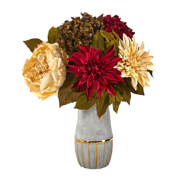 17” Peony, Hydrangea and Dahlia Artificial Arrangement in Stoneware Vase with Gold Trimming