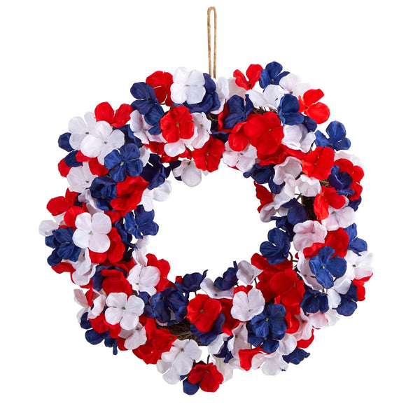 18” Americana Patriotic Hydrangea Artificial Wreath Red White and Blue