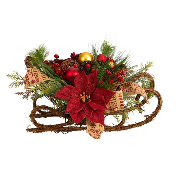 18” Christmas Sleigh with Poinsettia, Berries and Pinecone Artificial Arrangement with Ornaments