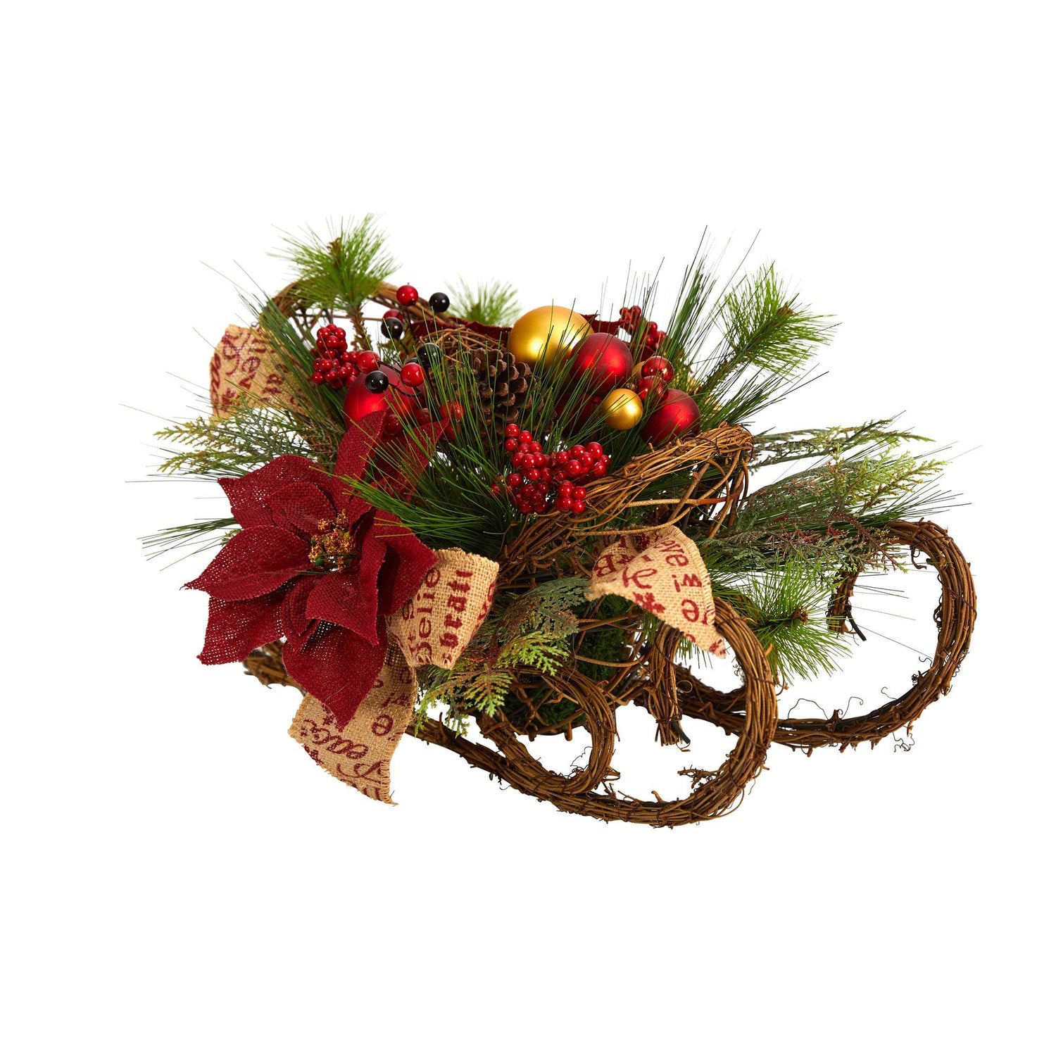 18” Christmas Sleigh with Poinsettia, Berries and Pinecone Artificial Arrangement with Ornaments