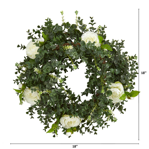 18” Eucalyptus and Camellia Double Ring Artificial Wreath with Twig Base