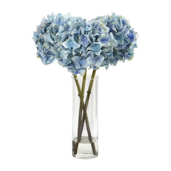 18” Blue Hydrangea Faux Flower Arrangement in Cylinder Glass Vase