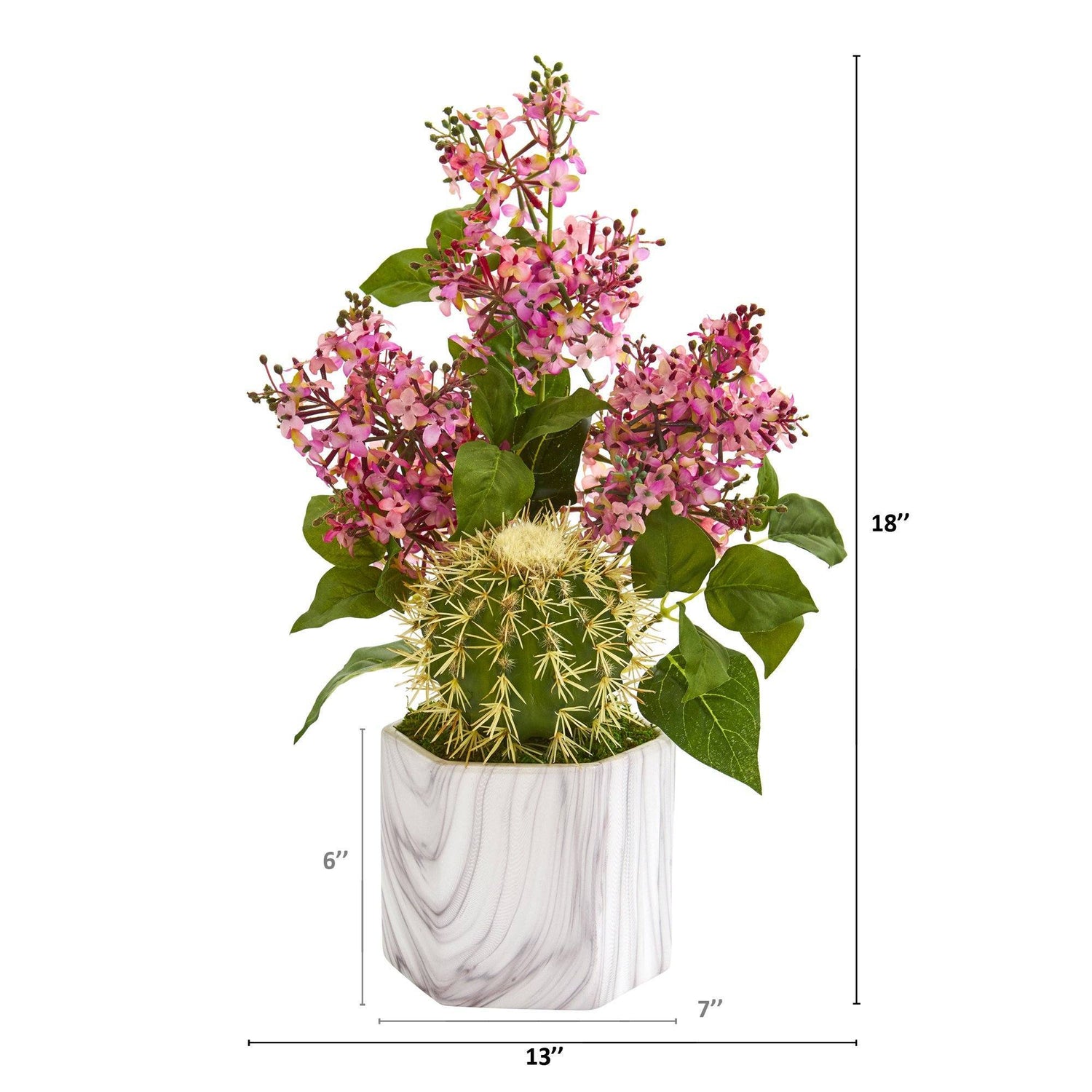 18” Lilac and Cactus Artificial Arrangement in Marble Vase