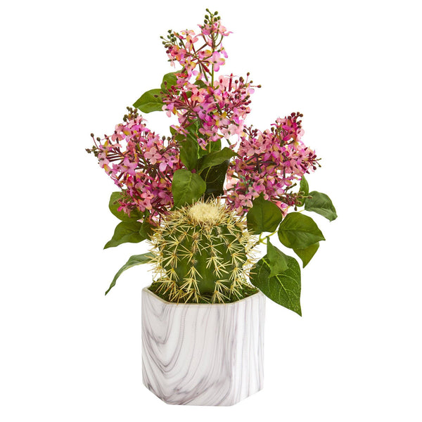 18” Lilac and Cactus Artificial Arrangement in Marble Vase