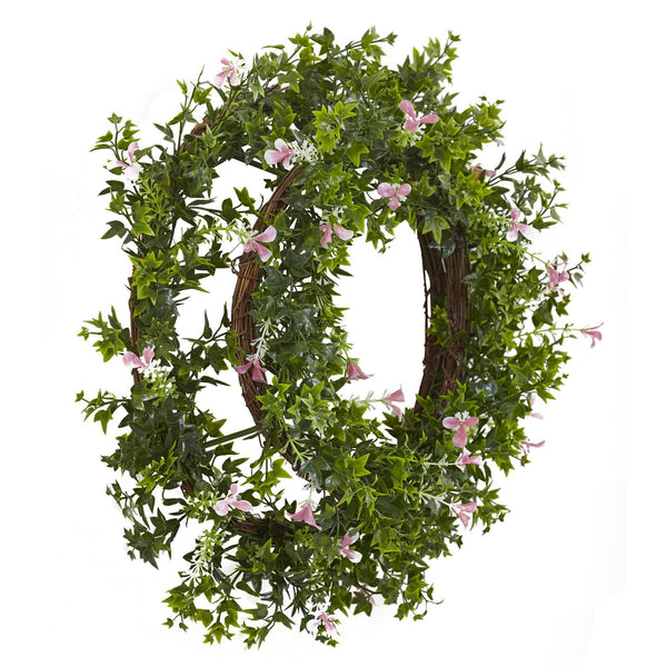 18” Mini Ivy & Floral Double Ring Wreath w/Twig Base