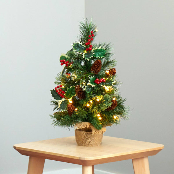 18” Mixed Pine Artificial Christmas Tree with Holly Berries, Pinecones, 35 Clear LED Lights and Burlap Base