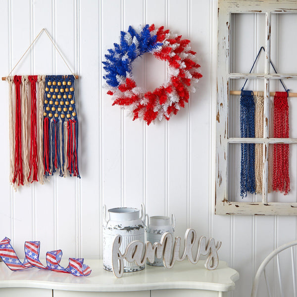 18” Patriotic Red, White and Blue “Americana” Wreath with 20 Warm LED Lights