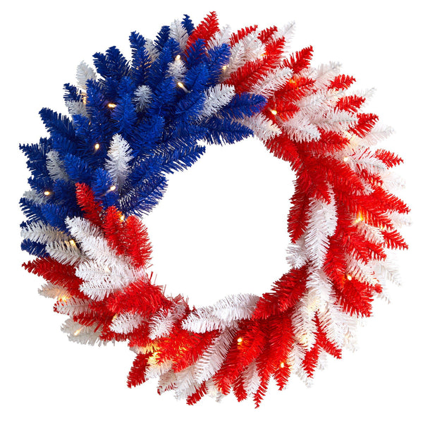 18” Patriotic Red, White and Blue “Americana” Wreath with 20 Warm LED Lights