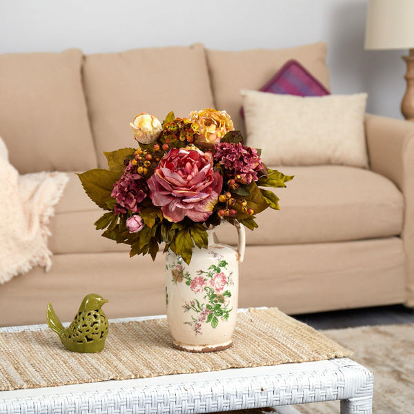 18” Peony Artificial Arrangement in Floral Pitcher