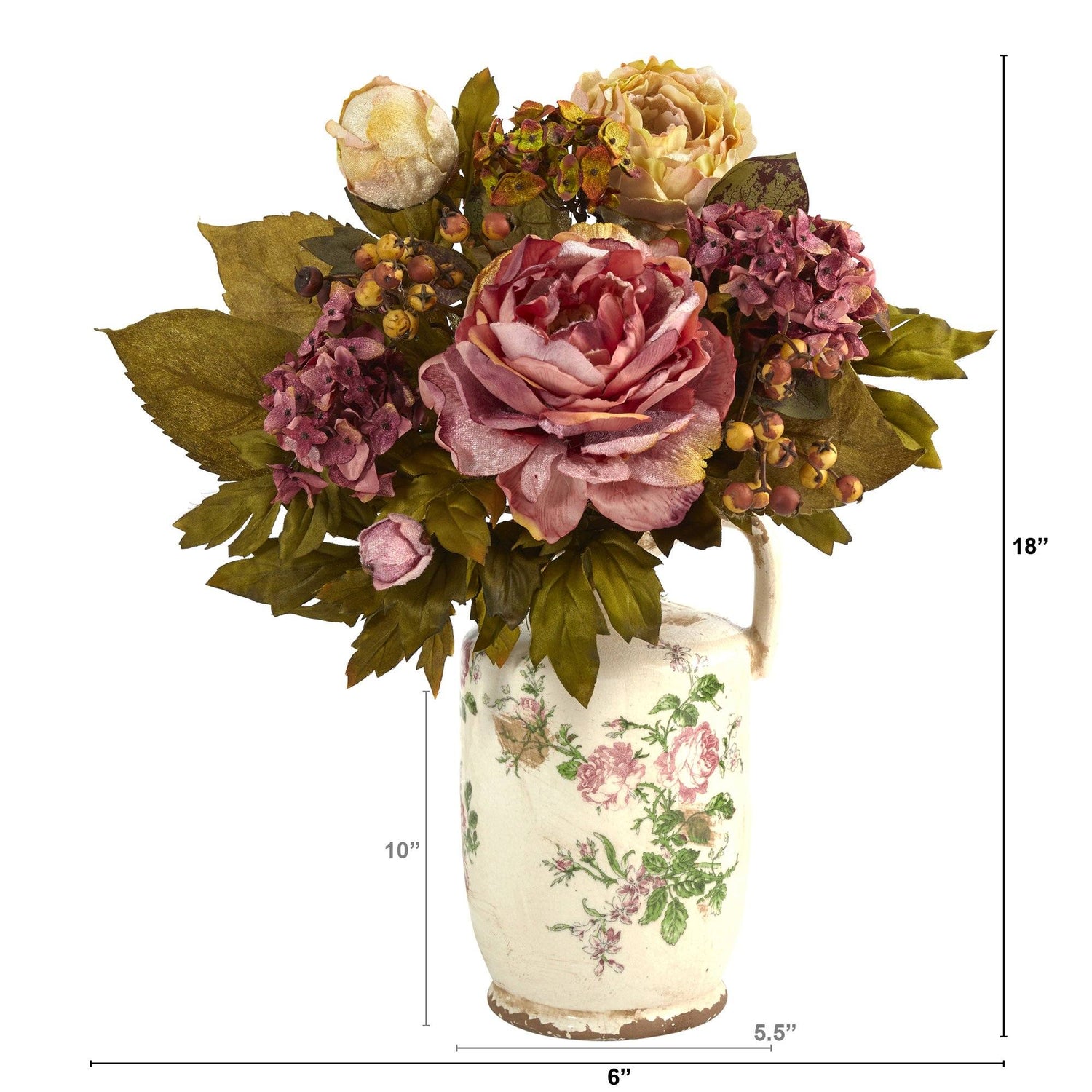 18” Peony Artificial Arrangement in Floral Pitcher