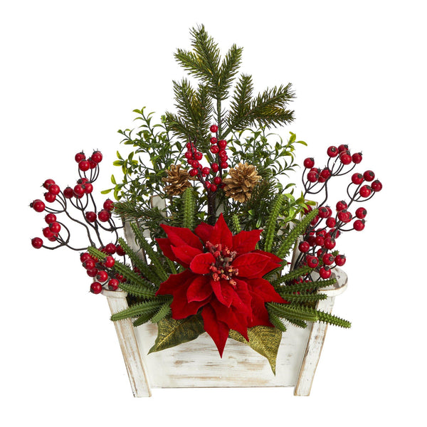 18” Poinsettia, Succulent and Berry Artificial Arrangement in Bench Planter