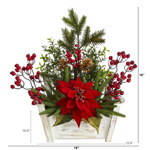 18” Poinsettia, Succulent and Berry Artificial Arrangement in Bench Planter