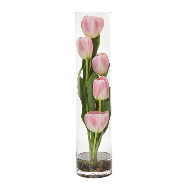 18" Tulips Artificial Arrangement in Clear Cylinder Vase"