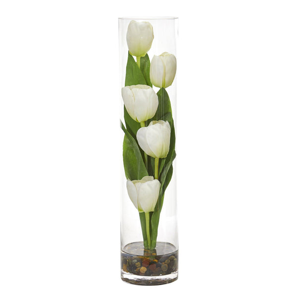 18" Tulips Artificial Arrangement in Clear Cylinder Vase"