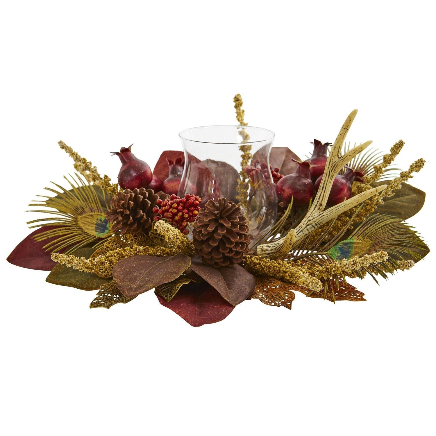 19" Magnolia, Berry, Antler and Peacock Feather Artificial Candelabrum Arrangement"