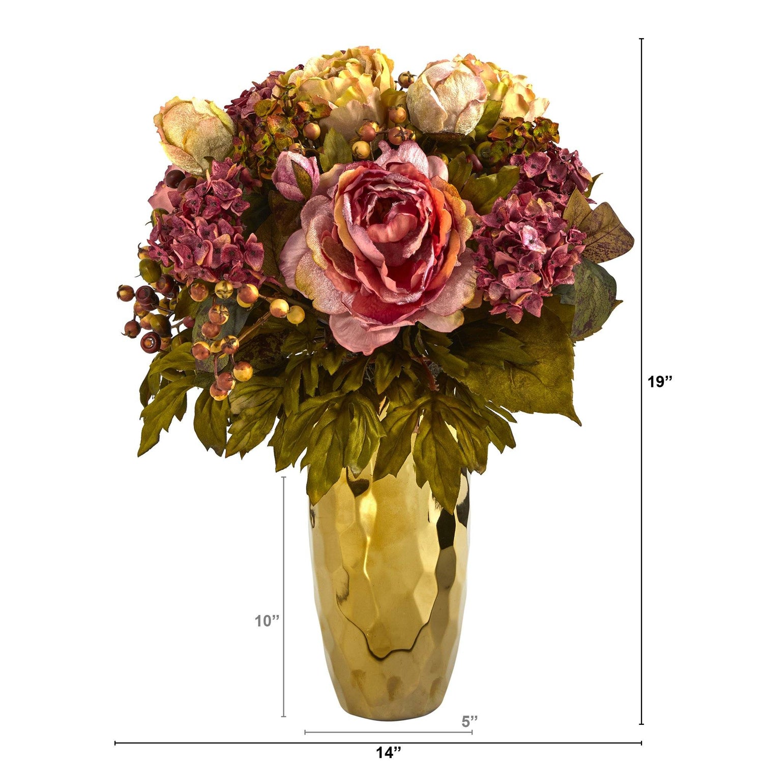 19” Peony Artificial Arrangement in Gold Vase