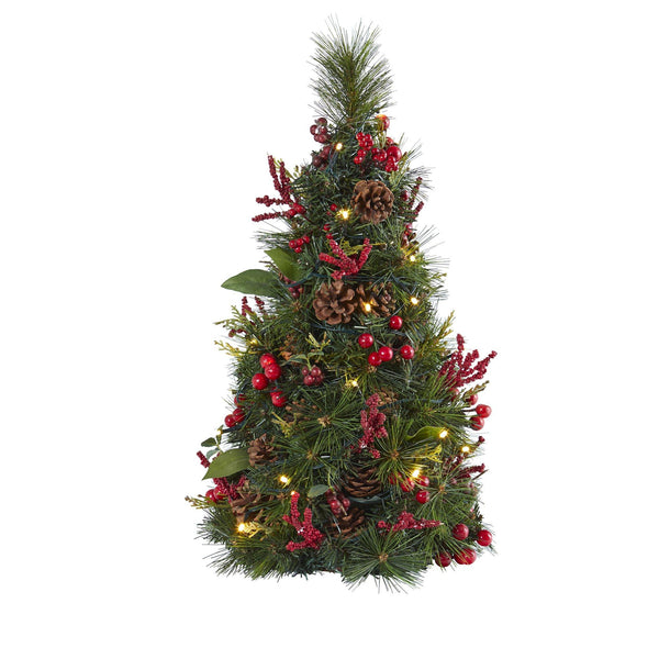 2’ Mixed Berry and Pine Cone Artificial Christmas Tree with 35 Clear LED Lights