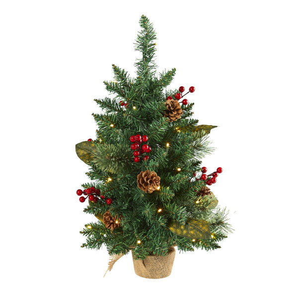 2’ Pine, Pinecone and Berries Artificial Christmas Tree with 35 LED Lights and 86 Bendable Branches