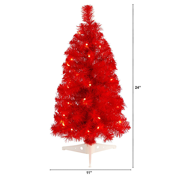 2’ Red Artificial Christmas Tree with 35 LED Lights and 72 Bendable Branches