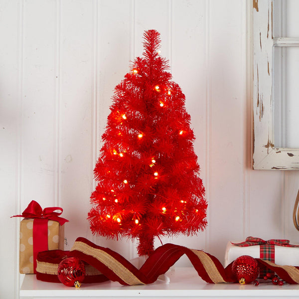 2’ Red Artificial Christmas Tree with 35 LED Lights and 72 Bendable Branches