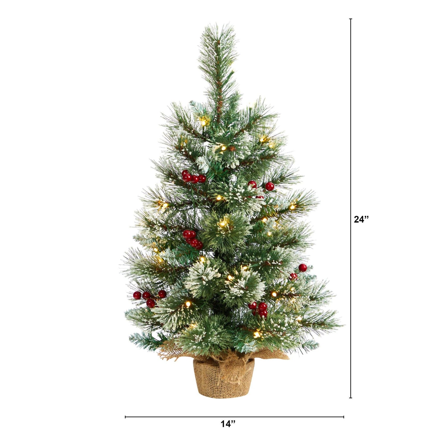 2’ Snow Tipped Pine and Berry Artificial Christmas Tree with 35 Warm White LED Lights in Burlap Base