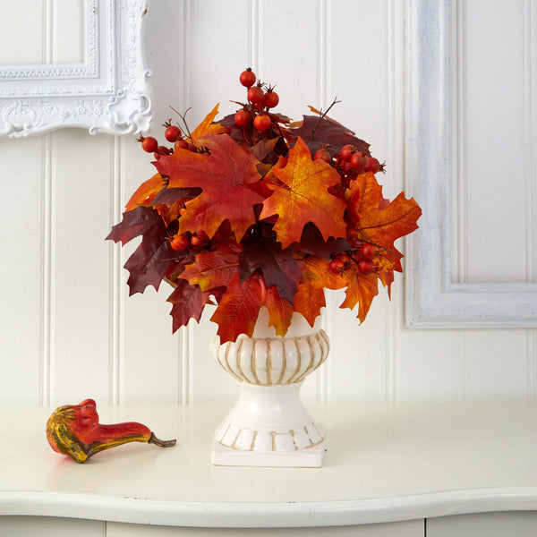 20” Autumn Maple Leaf and Berries Artificial Plant in White Urn