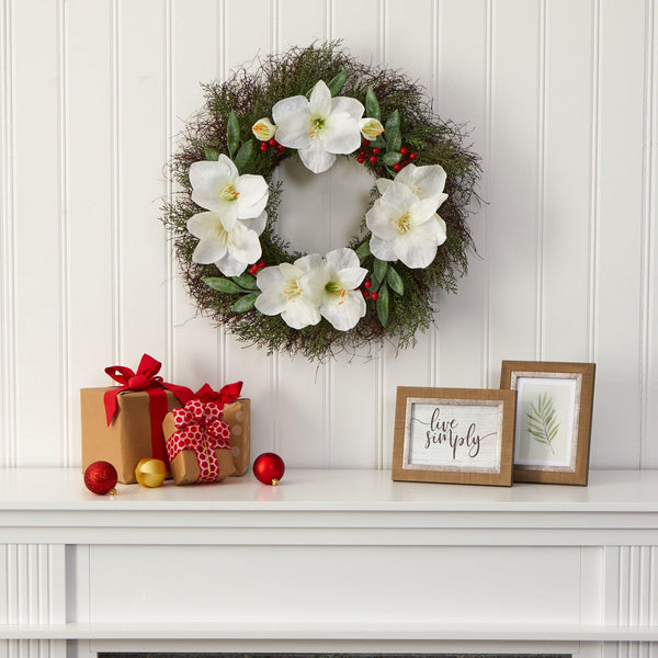 20” Cedar, Amaryllis and Ruscus with Berries Artificial Wreath