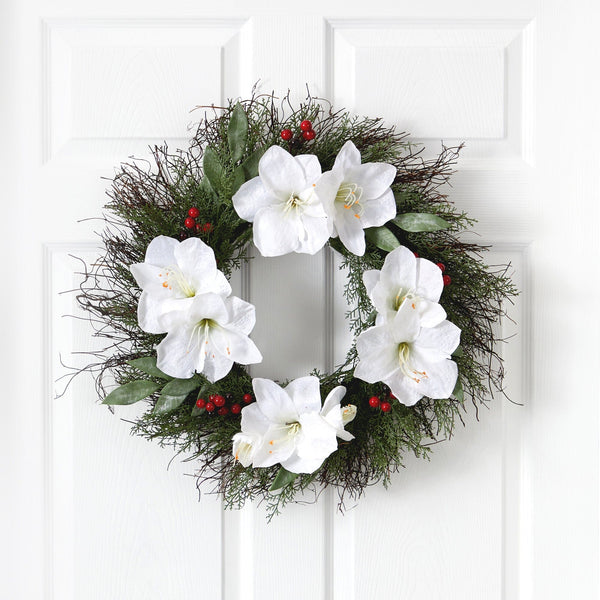 20” Cedar, Amaryllis and Ruscus with Berries Artificial Wreath