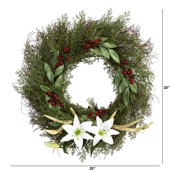 20” Cedar, Antlers, Lily and Ruscus with Berries Artificial Wreath