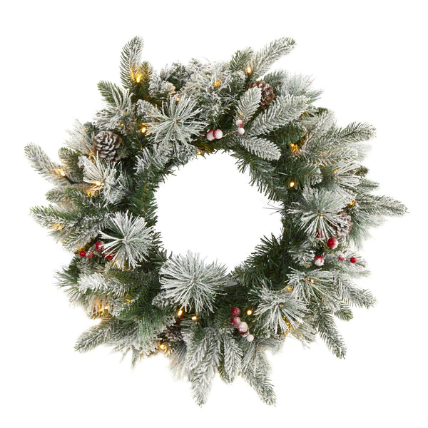 20” Flocked Mixed Pine Artificial Christmas Wreath with 50 LED Lights, Pine Cones and Berries