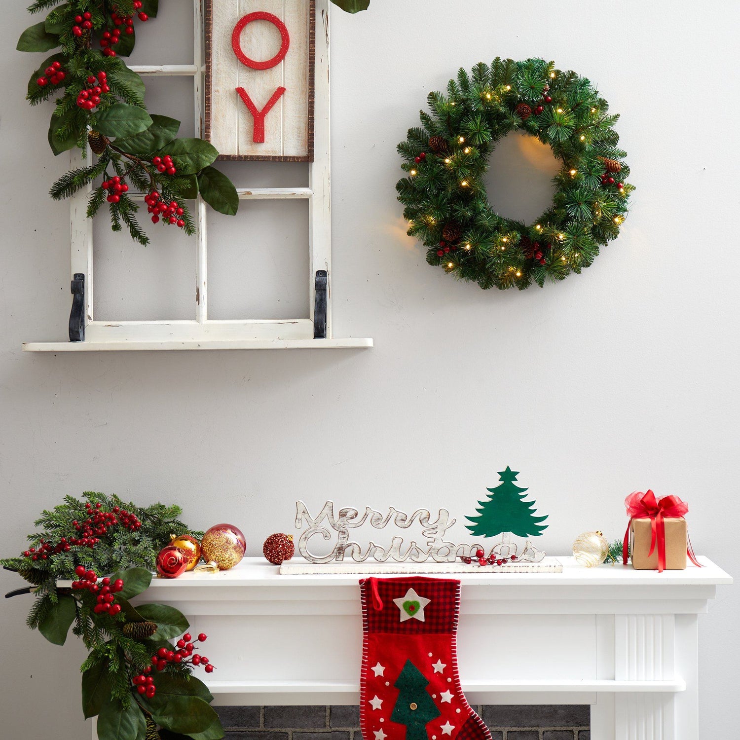 20” Frosted Pine Artificial Christmas Wreath with Pinecones, Berries and 35 Warm White LED Lights