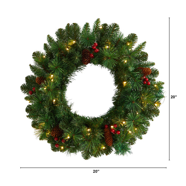 20” Frosted Pine Artificial Christmas Wreath with Pinecones, Berries and 35 Warm White LED Lights