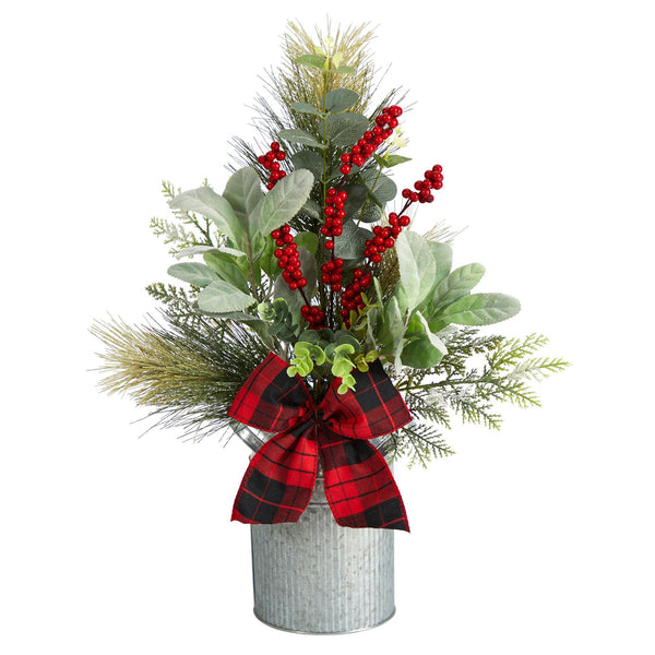 20" Holiday Winter Greenery, Pinecone and Berries with Buffalo Plaid Bow Christmas  Arrangement"