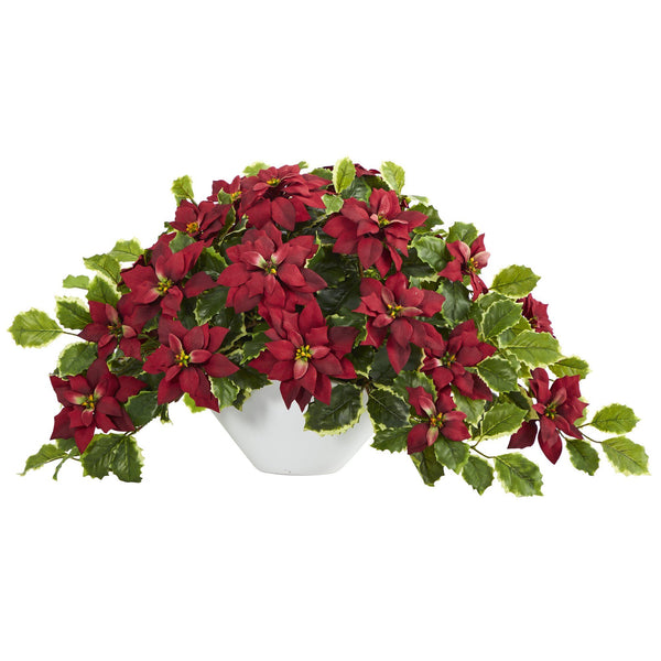 20” Poinsettia and Variegated Holly Artificial Plant in Oval White Planter (Real Touch)