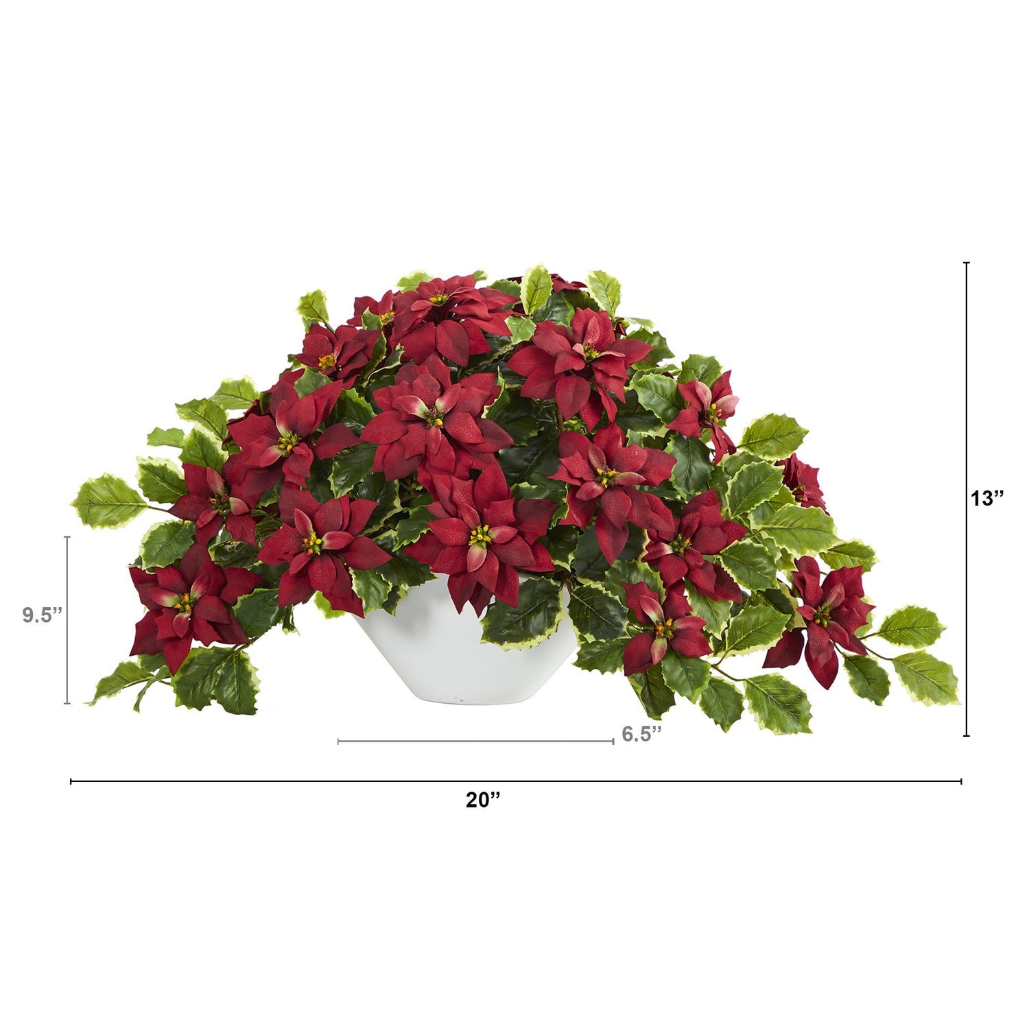 20” Poinsettia and Variegated Holly Artificial Plant in Oval White Planter (Real Touch)